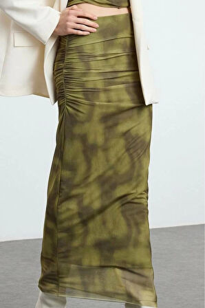 Kadın Moda Stil Maxi Astarlı Örme Drapeli Maxi Tül Esnek Örme Etek