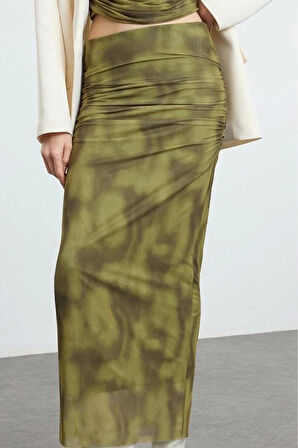 Kadın Moda Stil Maxi Astarlı Örme Drapeli Maxi Tül Esnek Örme Etek