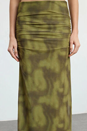 Kadın Moda Stil Maxi Astarlı Örme Drapeli Maxi Tül Esnek Örme Etek