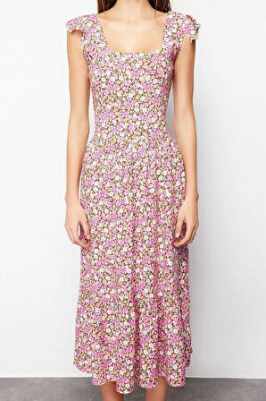 Yeni Regular Casual Günlük Shally Dokuma Kare Yaka Kolsuz Kol A-Line Midi Boy Elbise