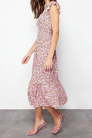 Yeni Regular Casual Günlük Shally Dokuma Kare Yaka Kolsuz Kol A-Line Midi Boy Elbise