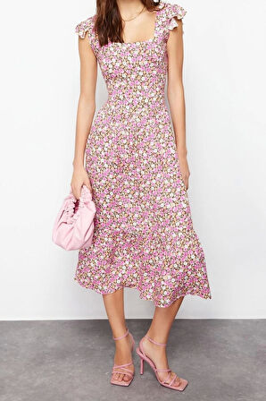 Yeni Regular Casual Günlük Shally Dokuma Kare Yaka Kolsuz Kol A-Line Midi Boy Elbise