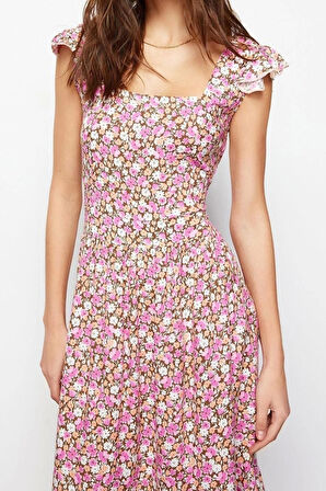 Yeni Regular Casual Günlük Shally Dokuma Kare Yaka Kolsuz Kol A-Line Midi Boy Elbise