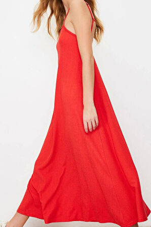 Kadın Moda Şık Maxi Boy Kare Yaka Relaxed Ayarlanabilir Askılı A-Line Bürümcük Dokulu Örme Elbise