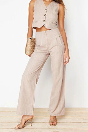 Kadın Yeni Moda Geniş Paça Uzun Boy Dokuma Wide Leg Geniş Paça Çizgili Pantolon