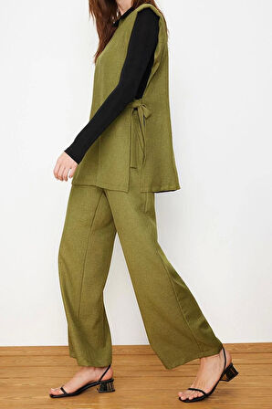 Kadın Moda Şık Geniş Paça Regular Boy Keten Görünümlü Yandan Bağlamalı Dokuma Alt Üst Takım