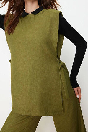 Kadın Moda Şık Geniş Paça Regular Boy Keten Görünümlü Yandan Bağlamalı Dokuma Alt Üst Takım