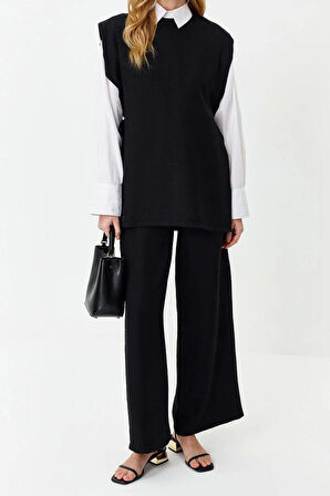 Kadın Moda Şık Geniş Paça Regular Boy Keten Görünümlü Yandan Bağlamalı Dokuma Alt Üst Takım