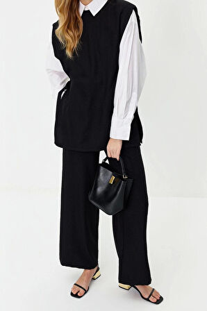 Kadın Moda Şık Geniş Paça Regular Boy Keten Görünümlü Yandan Bağlamalı Dokuma Alt Üst Takım