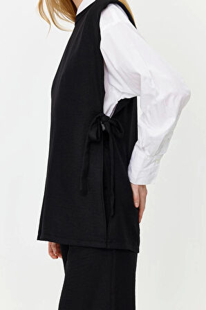 Kadın Moda Şık Geniş Paça Regular Boy Keten Görünümlü Yandan Bağlamalı Dokuma Alt Üst Takım