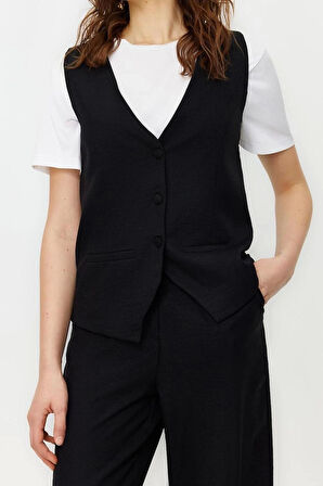 Kadın Moda Şık Geniş Paça Regular Boy Kolsuz Keten Görünümlü Şık Yelek Pantolon Dokuma Alt Üst Takım