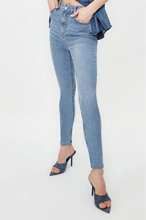 Kadın Moda Şık Kot Pantolon Dar Paça Regular Boy Denim Yüksek Bel Skinny Jeans