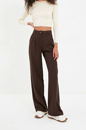 Kadın Yeni Moda Geniş Paça Regular Boy Dokuma Geniş Paça Wide Leg Pilili Pantolon