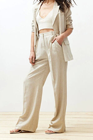 Kadın Yeni Moda Geniş Paça Regular Boy Dokuma Nervürlü Wide Leg Geniş Paça Pamuk Keten Pantolon