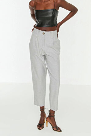 Kadın Yeni Moda Boru Paça Regular Boy Dokuma Havuç Yüksek Bel Poliviskon Pantolon