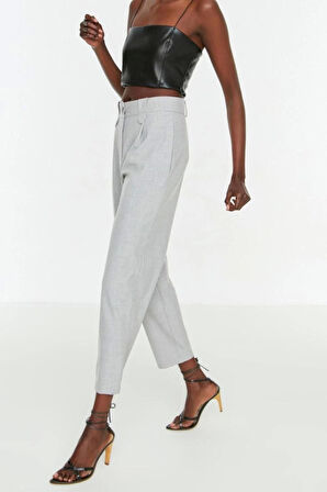 Kadın Yeni Moda Boru Paça Regular Boy Dokuma Havuç Yüksek Bel Poliviskon Pantolon