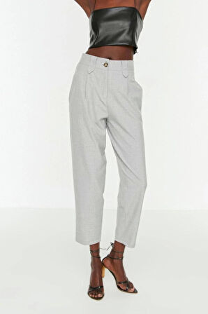 Kadın Yeni Moda Boru Paça Regular Boy Dokuma Havuç Yüksek Bel Poliviskon Pantolon