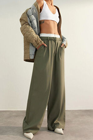 Kadın Yeni Moda Geniş Paça Uzun Boy Dokuma Limited Edition Geniş Paça Bel Boxer Detaylı Pantolon