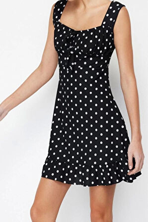 Kadın Moda Şık Mini Boy Kare Yaka Regular Siyah001 Volanlı A-Line Örme Elbise