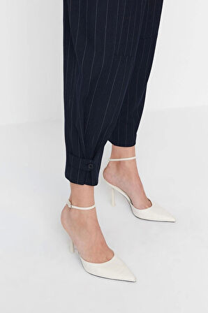 Kadın Yeni Moda Boru Paça Regular Boy Dokuma Çizgili Paça Detaylı Pantolon