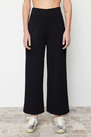 Kadın Yeni Moda Geniş Paça Regular Boy Örme Culotte Fit Kesik Detaylı Yüksek Bel Pantolon