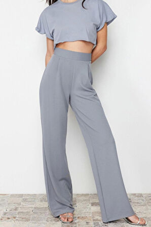 Kadın Yeni Moda Geniş Paça Regular Boy Örme Pileli Wide Leg Rahat Kesim Örme Palazzo Pantolon