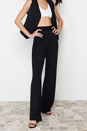 Kadın Yeni Moda Geniş Paça Regular Boy Örme Pileli Wide Leg Rahat Kesim Örme Palazzo Pantolon