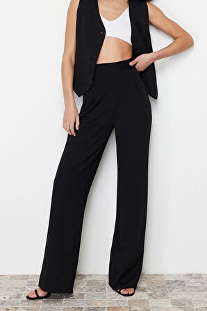 Kadın Yeni Moda Geniş Paça Regular Boy Örme Pileli Wide Leg Rahat Kesim Örme Palazzo Pantolon