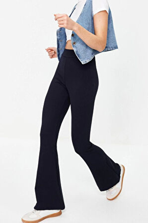 Kadın Moda İspanyol Paça Uzun Boy Örme Fitilli Flare Yüksek Bel Esnek Örme Tayt Pantolon