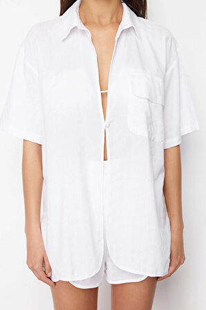 Kadın Moda Şık Regular Kısa Boy Uzun Kollu Beyaz Dokuma Gömlek Şort Takım