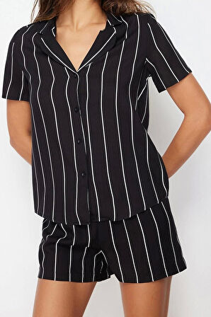 Kadın Moda Şık Gömlek Yaka Geniş Paça Kısa Kol Çizgili Viskon Dokuma Pijama Takımı