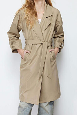 Kadın Moda Şık Oversize Ceket Yaka Midi Düz Astarlı Oversize Kuşaklı Su İtici Uzun Trençkot