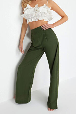 Kadın Yeni Moda Geniş Paça Uzun Boy Örme Haki %100 Pamuklu Pantolon