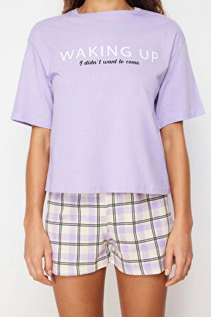 Kadın %100 Pamuk Bisiklet Yaka Kısa Kol %100 Pamuk Slogan Baskılı Örme Pijama Takımı