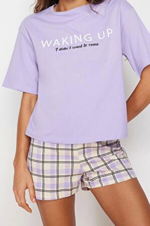 Kadın %100 Pamuk Bisiklet Yaka Kısa Kol %100 Pamuk Slogan Baskılı Örme Pijama Takımı