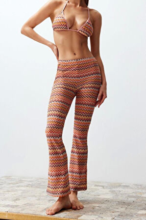 Kadın Yeni Moda Geniş Paça Uzun Boy Örme Geometrik Desenli Örme Pantolon
