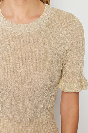 Kadın Moda Şık Bisiklet Yaka Standart Kol Regular Simli Kol Detaylı T-Shirt Görünümlü Triko Kazak