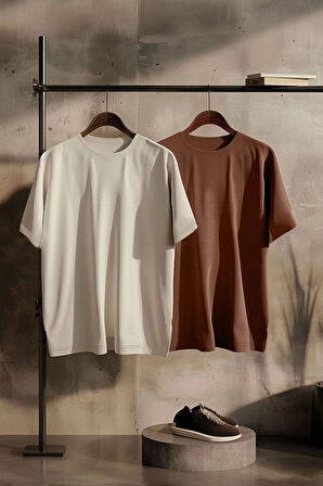 Yeni Sezon 2'li Paket Oversize %100 Pamuk Bisiklet Yaka Kısa Kol Düz Desenli Günlük T-Shirt