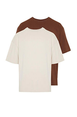 Yeni Sezon 2'li Paket Oversize %100 Pamuk Bisiklet Yaka Kısa Kol Düz Desenli Günlük T-Shirt