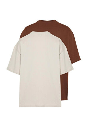 Yeni Sezon 2'li Paket Oversize %100 Pamuk Bisiklet Yaka Kısa Kol Düz Desenli Günlük T-Shirt