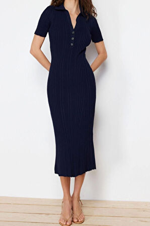 Yeni Regular Casual Günlük Tek Plaka Triko Polo Yaka Kısa Kol A-Line Maxi Boy Elbise