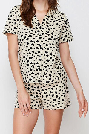 Kadın %100 Pamuk Gömlek Yaka Kısa Kol %100 Pamuk Leopar Desenli Örme Pijama Takımı