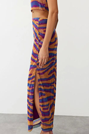 Kadın Moda Stil Maxi Astarlı Örme Desenli Vücuda Oturan Astarlı Parıltılı Pullu Örme Payet Etek