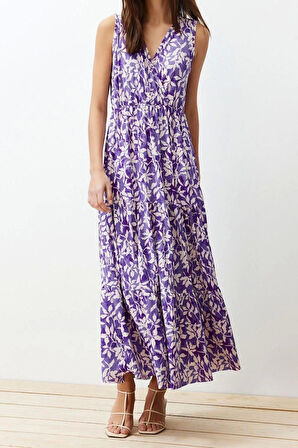 Yeni Regular Casual Günlük Polyester Kaşkorse Örme V Yaka Kolsuz Kol A-Line Maxi Boy Elbise