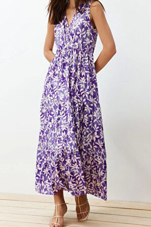 Yeni Regular Casual Günlük Polyester Kaşkorse Örme V Yaka Kolsuz Kol A-Line Maxi Boy Elbise