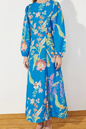 Yeni Regular Günlük Keten Görünümlü Dokuma Bisiklet Yaka Uzun Kol Skater Maxi Boy Tesettür Elbise