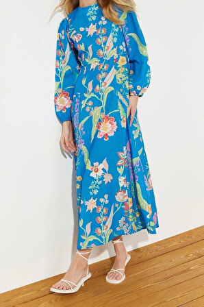 Yeni Regular Günlük Keten Görünümlü Dokuma Bisiklet Yaka Uzun Kol Skater Maxi Boy Tesettür Elbise