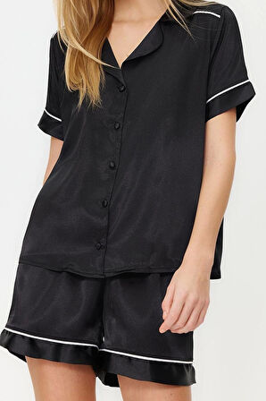 Kadın Polyester Gömlek Yaka Kısa Kol Biye Detaylı Saten Dokuma Pijama Takımı