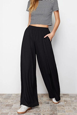 Kadın Yeni Moda Geniş Paça Regular Boy Örme Wide Leg Fitilli Esnek Örme Pantolon