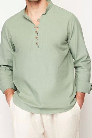 Erkek Moda Uzun Kol Dokuma Koyu Yeşil Slim Fit Yarım Patlı Hakim Yaka %100 Pamuklu Gömlek